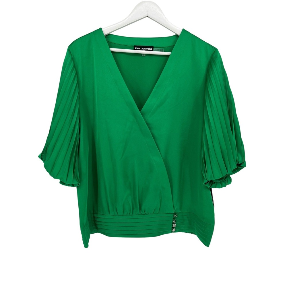 Karl Lagerfeld Paris Top Womens XL Green Pleated Sleeve V-Neck Modern Office